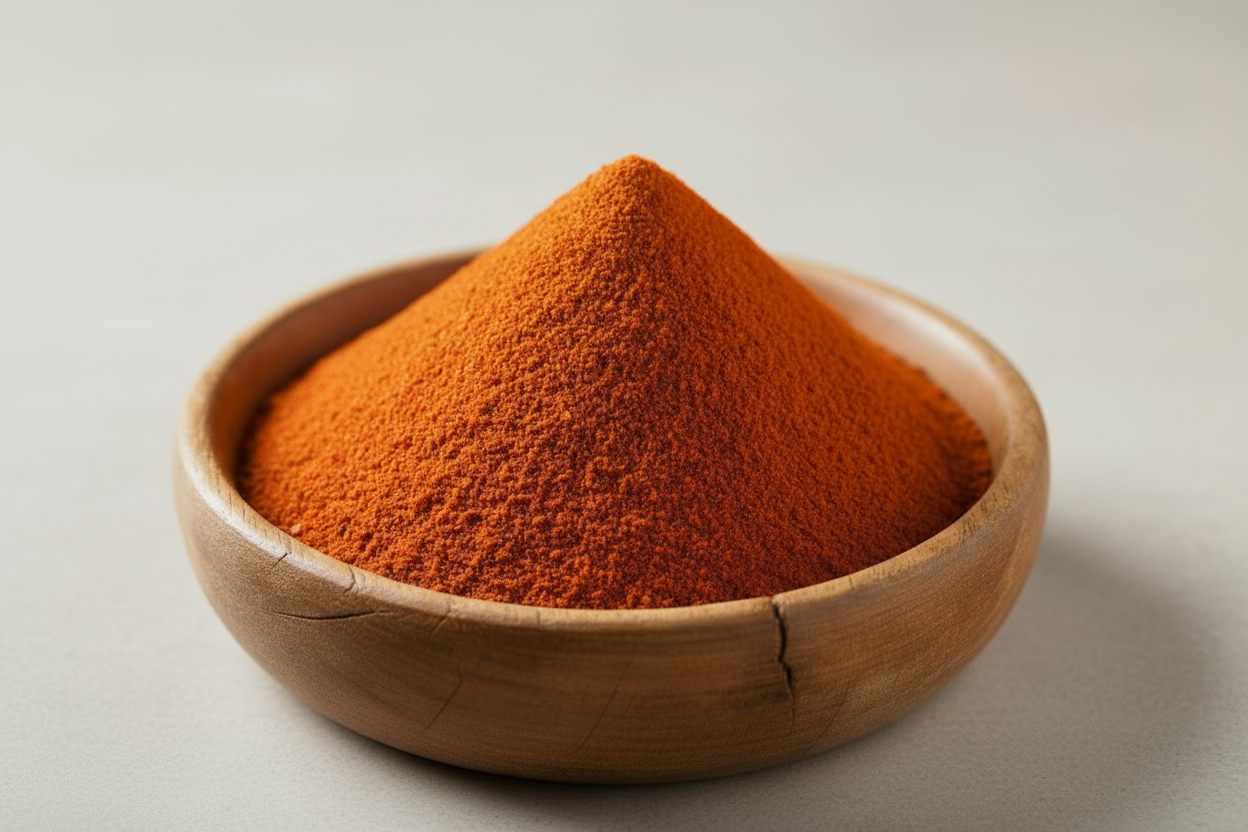 organic cayenne pepper powder in a wooden bowl