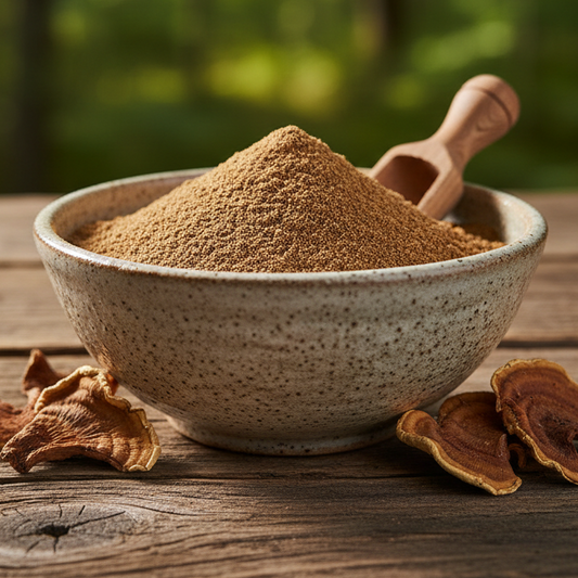 a bowl of turkey tail mushroom powder on a rustic table