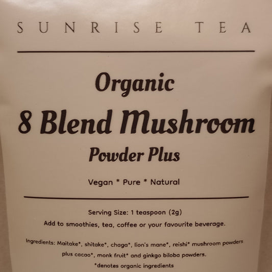 Package of Organic 8 Blend Mushroom Powder Plus by Sunrise Tea with text and branding.