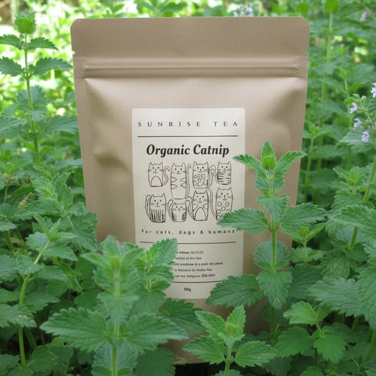 Kraft paper packaging of Organic Catnip with a label on a plain background