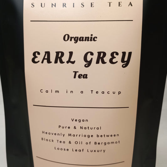 organic earl grey tea label by sunrise tea
