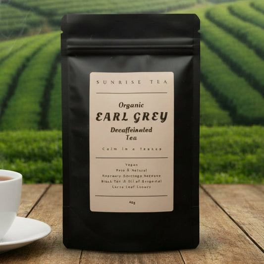 organic earl grey decaf tea package by Sunrise Tea