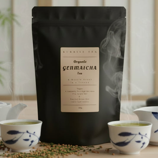 organic genmaicha tea package from sunrise tea