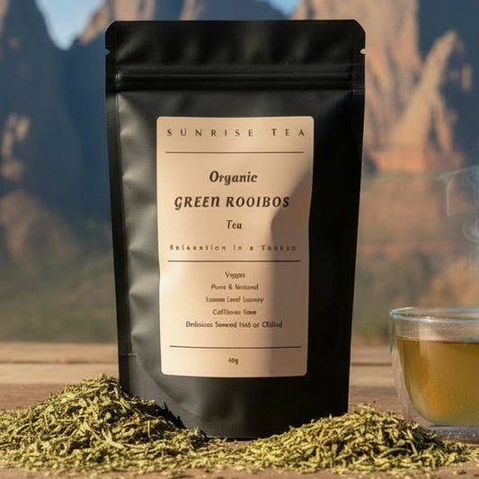 organic green rooibos tea package by Sunrise Tea brand