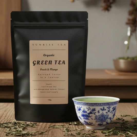 organic green tea with peach and mango by Sunrise Tea