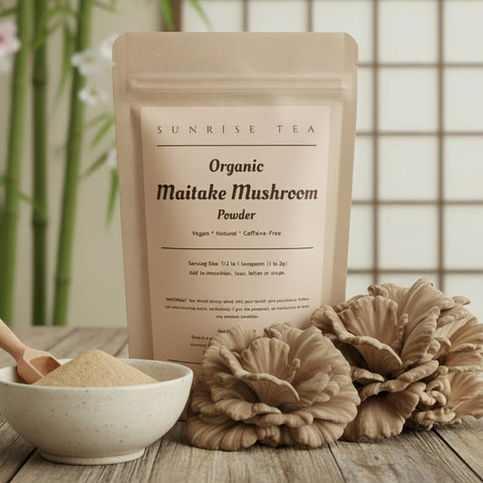 Kraft paper packaging of Organic Maitake Mushroom Powder by Sunrise Tea on a light gray background