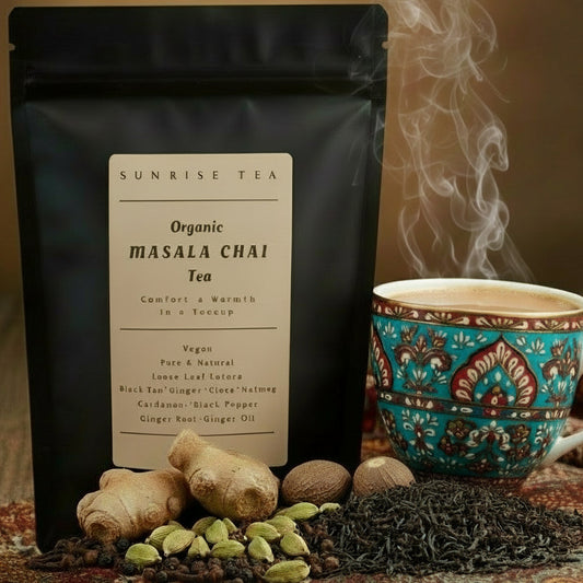 Black tea package with 'Sunrise Tea' label on a white background