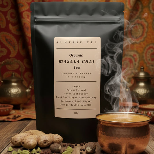 Black tea package with 'Sunrise Tea' label on a white background