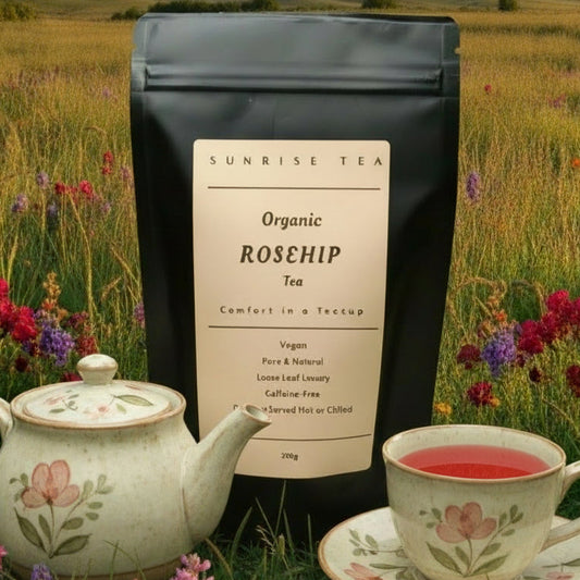 Tea bag labeled 'Sunrise Tea' with a teapot and cup in a field of flowers