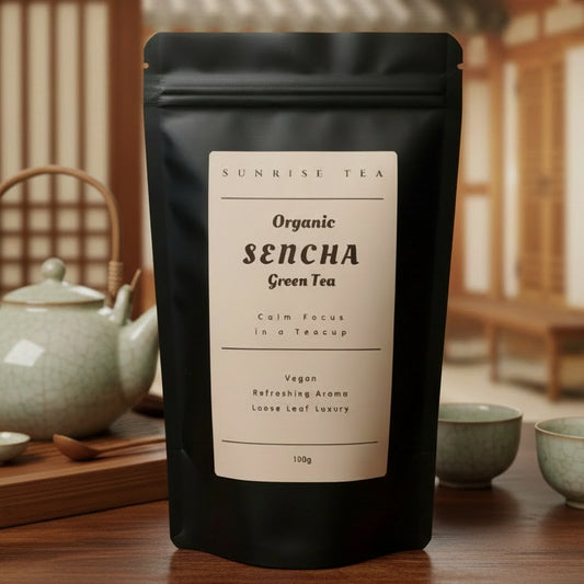 Black tea bag with a label on a white background