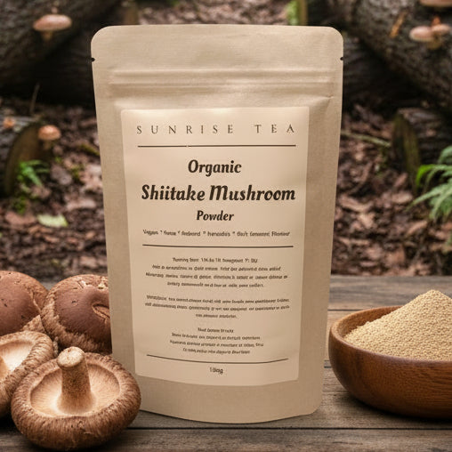 Kraft paper packaging of Organic Shiitake Mushroom Powder from Sunrise Tea on a white background