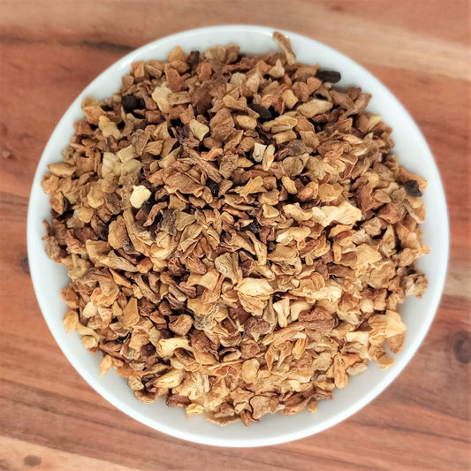 roasted chicory root in a white bowl