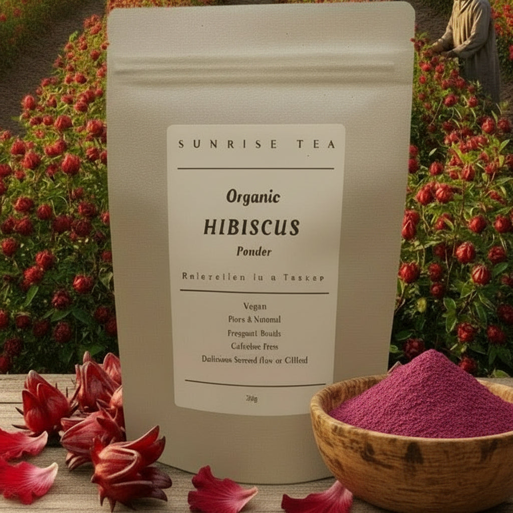 Kraft paper package of Organic Hibiscus Powder from Sunrise Tea on a white background