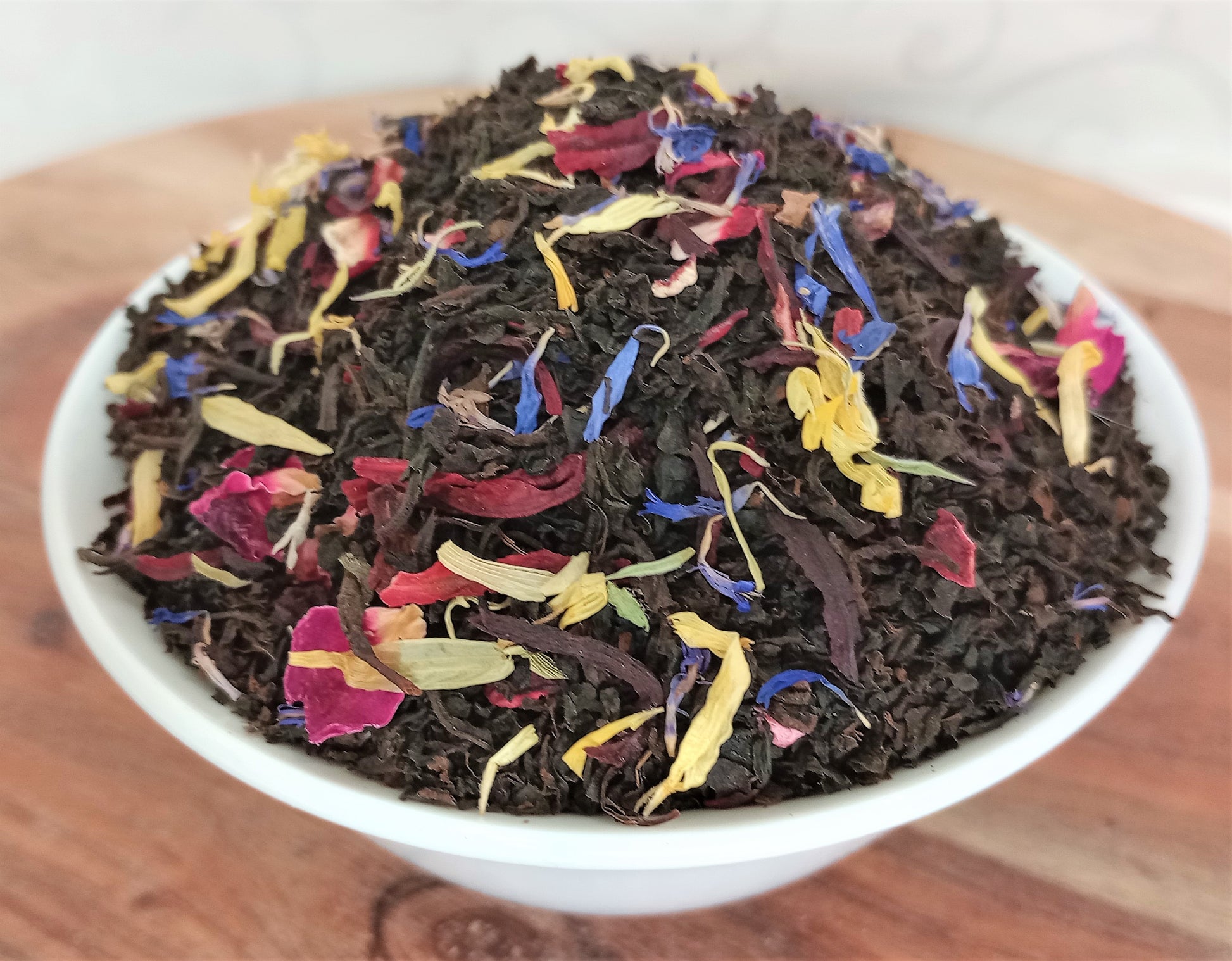 organic French Earl Grey loose leaf tea with black tea, bergamot, calendula, blue cornflowers and rose petals