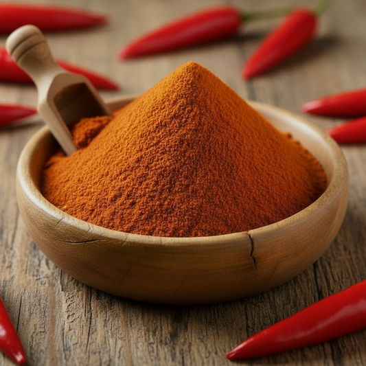 organic cayenne pepper powder in a wooden bowl