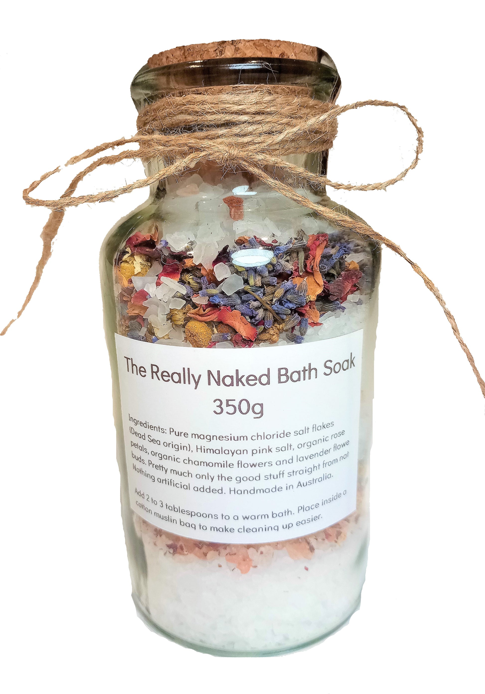 natural bath soak with magnesium chloride salts and dried flowers made fresh to order