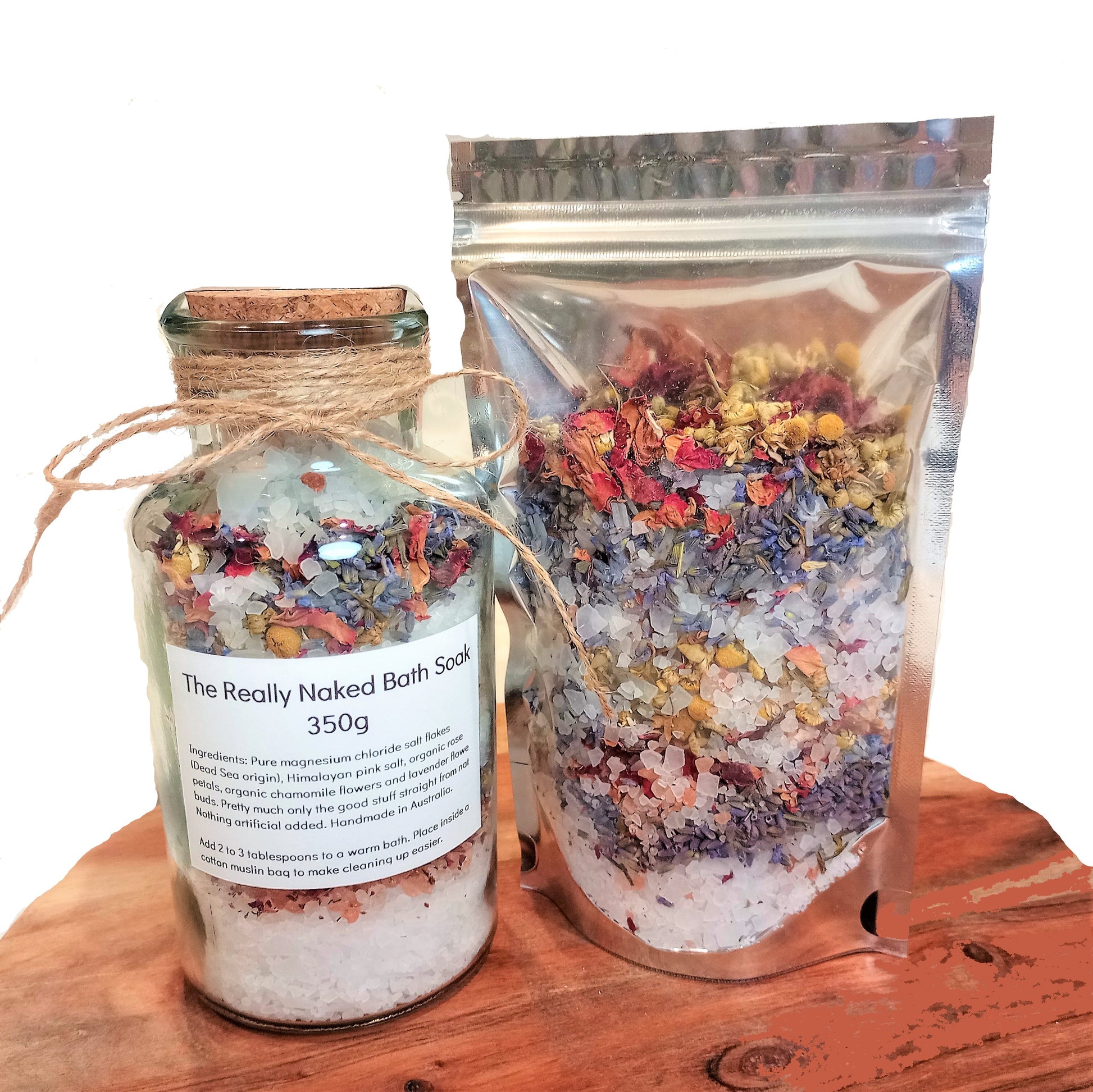 natural bath soak with magnesium chloride salts and dried flowers made fresh to order