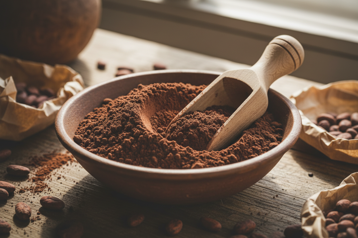 chocolatey brown cacao powder with a wooden scoop
