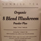 Package of Organic 8 Blend Mushroom Powder Plus by Sunrise Tea with text and branding.