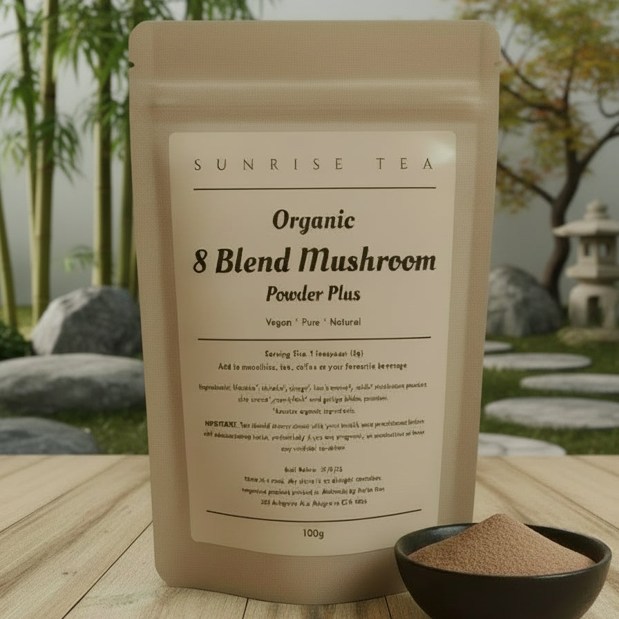 Package of Organic 8 Blend Mushroom Powder Plus by Sunrise Tea on a white background