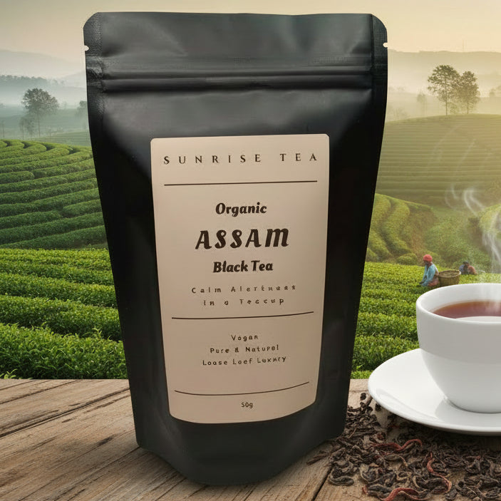 organic assam black tea packaged