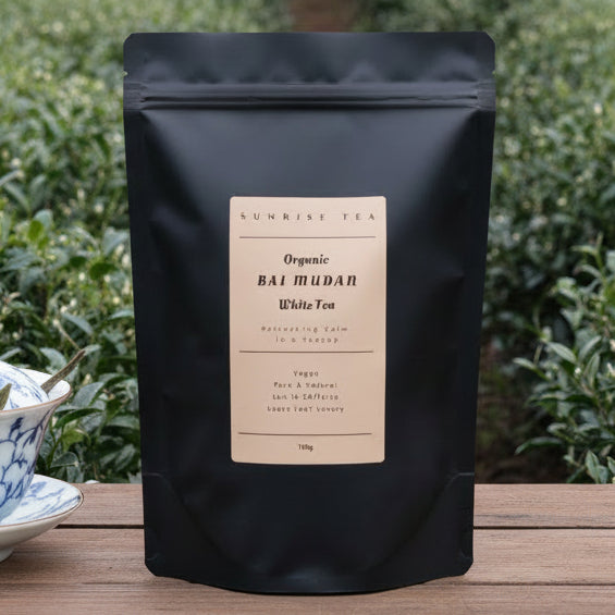 organic bai mudan tea package by sunrise tea
