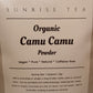 Bag of Organic Camu Camu Powder with branding and product details.