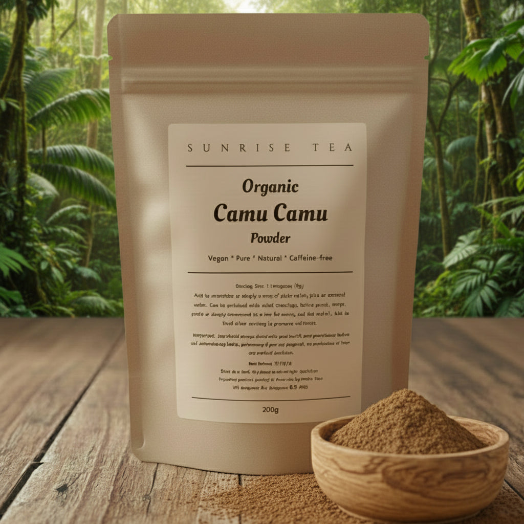 Kraft paper package of Organic Camu Camu Powder by Sunrise Tea on a white background