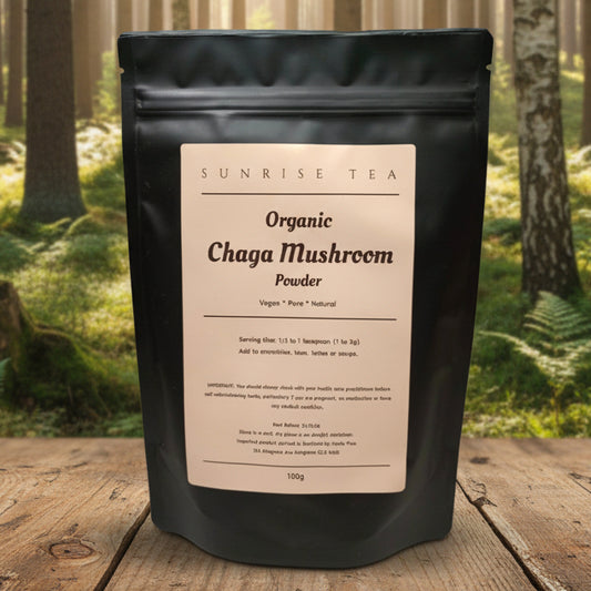 Black package of Organic Chaga Mushroom Powder by Sunrise Tea on a white background