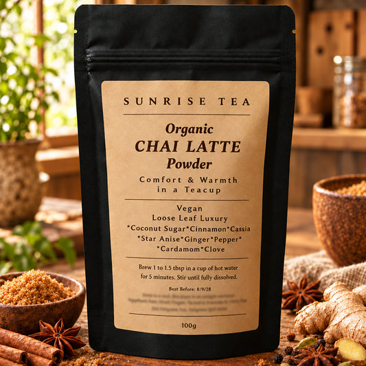 Organic chai latte tea powder package by Sunrise Tea