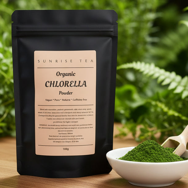 Black package of Organic Chlorella Powder by Sunrise Tea on a white background