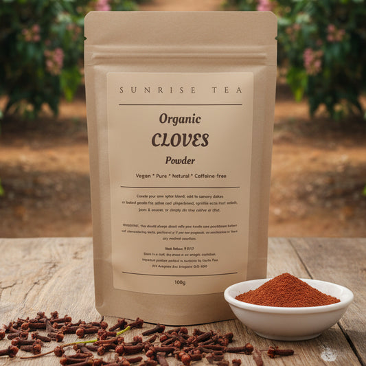 Kraft paper package of Organic Cloves from Sunrise Tea on a white background
