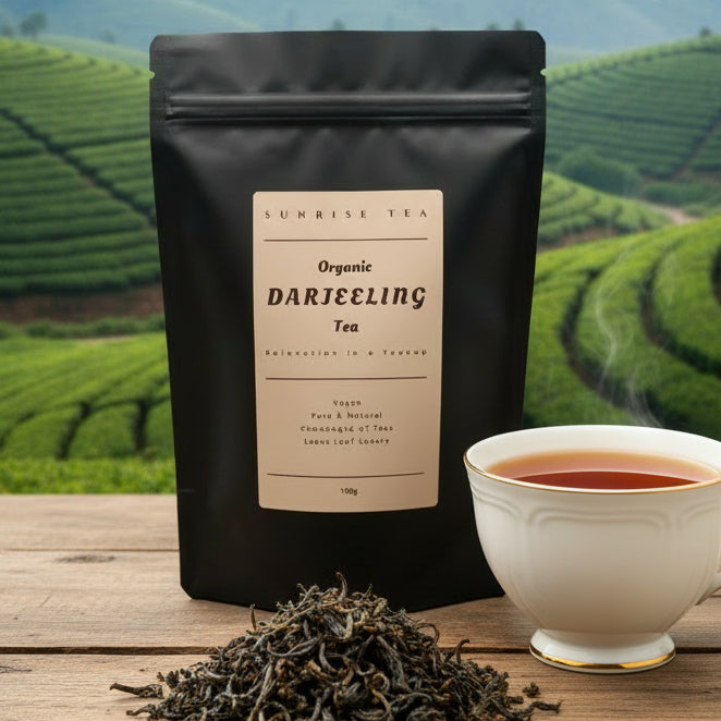 organic darjeeling tea package sunrise tea brand