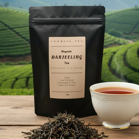 organic darjeeling tea package sunrise tea brand