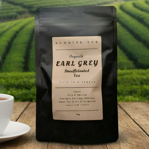 organic earl grey decaf tea package by Sunrise Tea