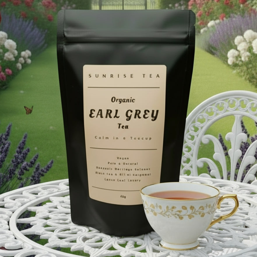 organic earl grey tea by Sunrise Tea packaged