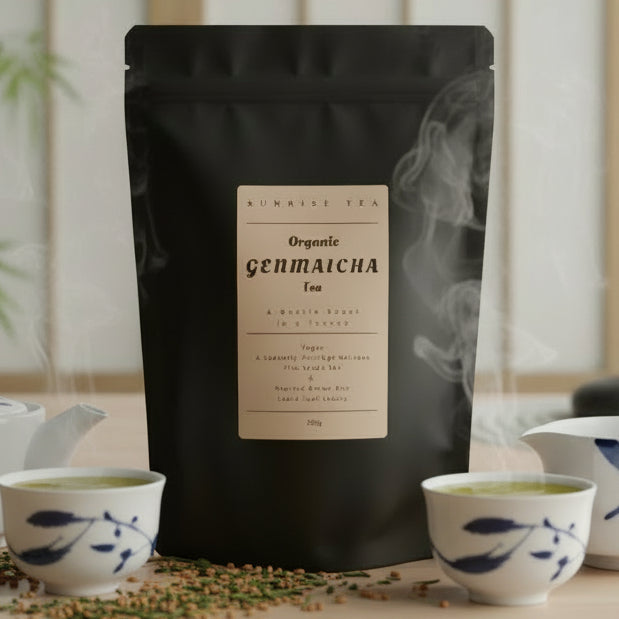 organic genmaicha tea package from sunrise tea