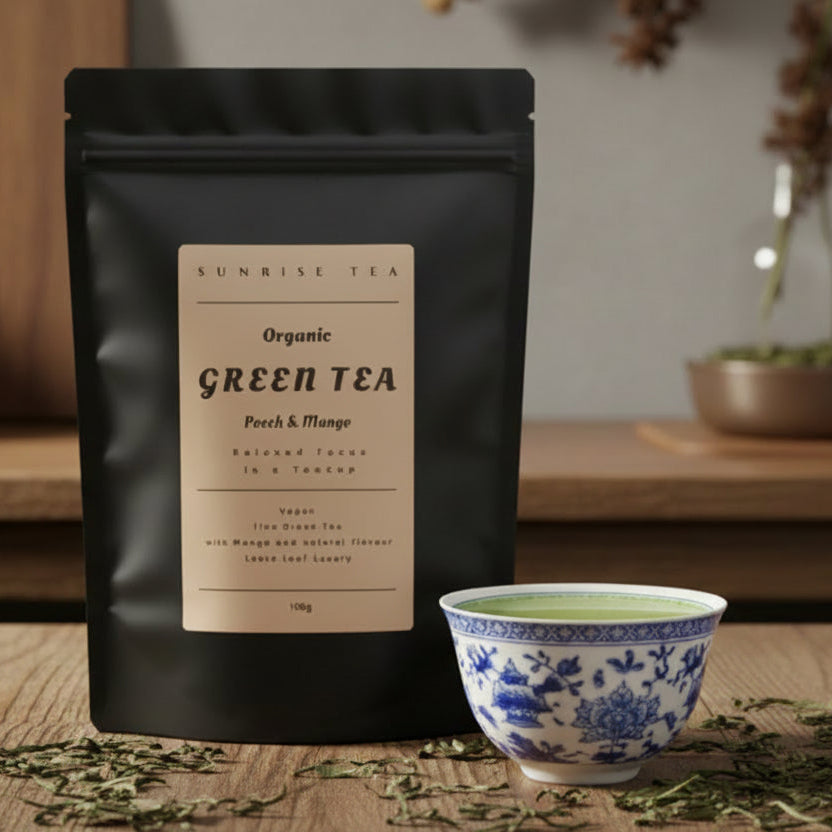 organic green tea with peach and mango by Sunrise Tea