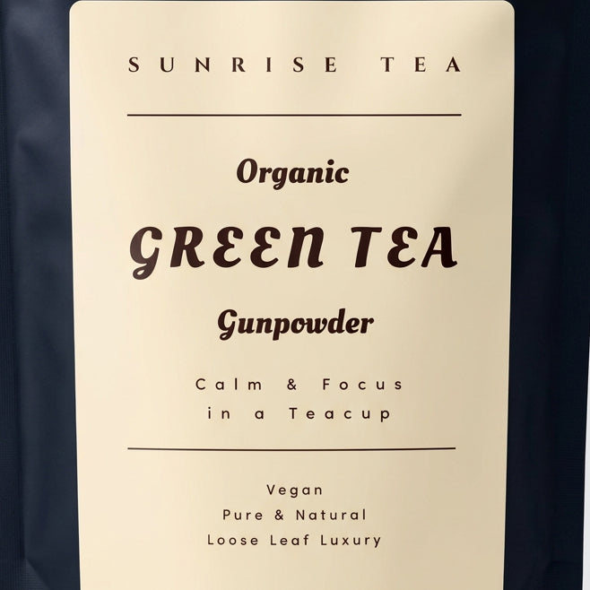 organic gunpowder green tea label by Sunrise Tea