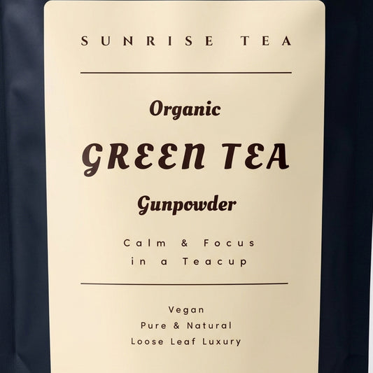 organic gunpowder green tea label by Sunrise Tea