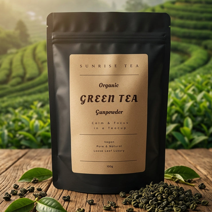 organic gunpowder green tea package by 
Sunrise Tea
