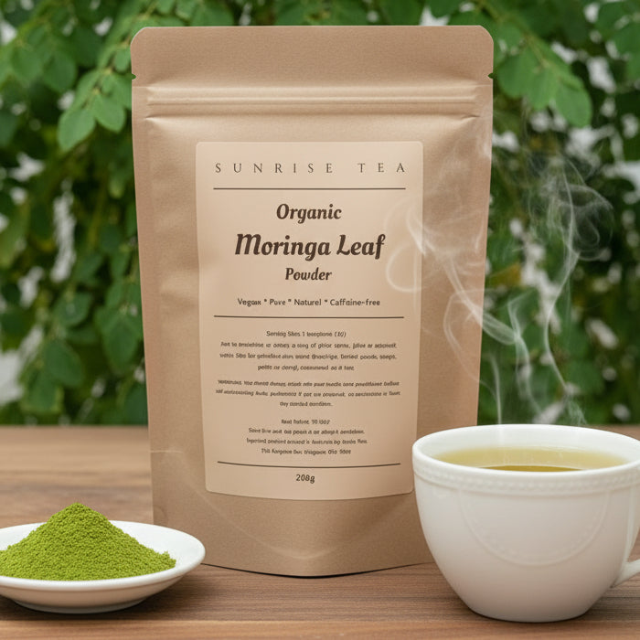 Kraft paper packaging of Organic Moringa Leaf Powder with text on a white background