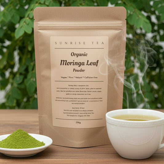 Kraft paper packaging of Organic Moringa Leaf Powder with text on a white background