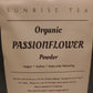 Bag of Sunrise Tea Organic Passionflower Powder on a light gray background