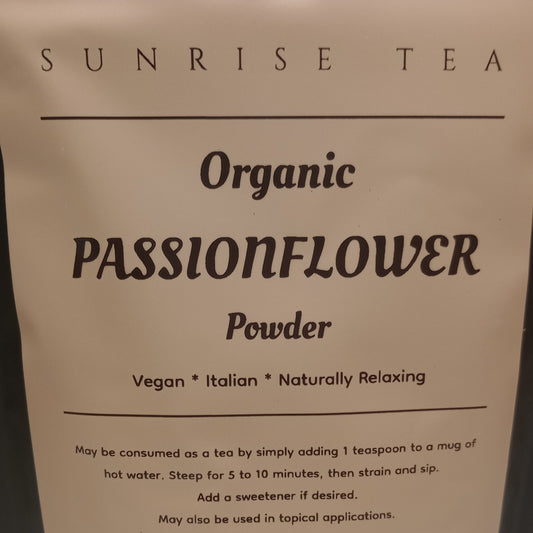 Bag of Sunrise Tea Organic Passionflower Powder on a light gray background
