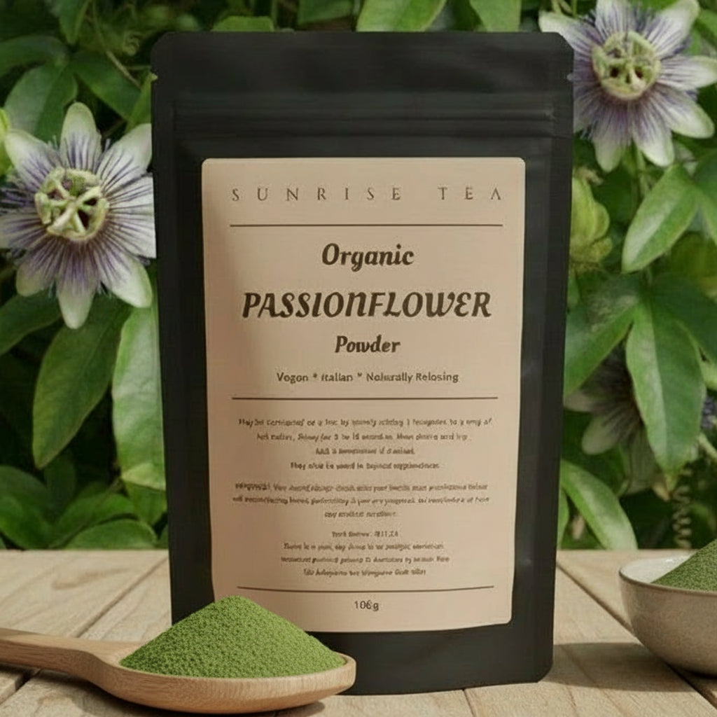 Bag of Organic Passionflower Powder from Sunrise Tea with flowers in the background