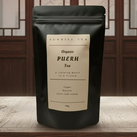 Black tea package with a beige label on a white background