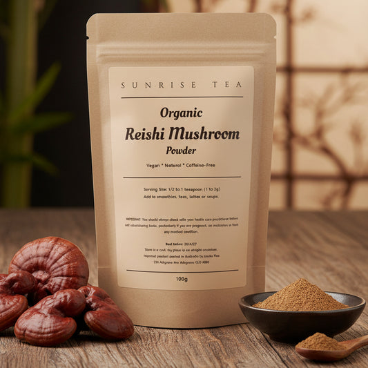 Kraft paper packaging of Organic Reishi Mushroom Powder from Sunrise Tea on a white background