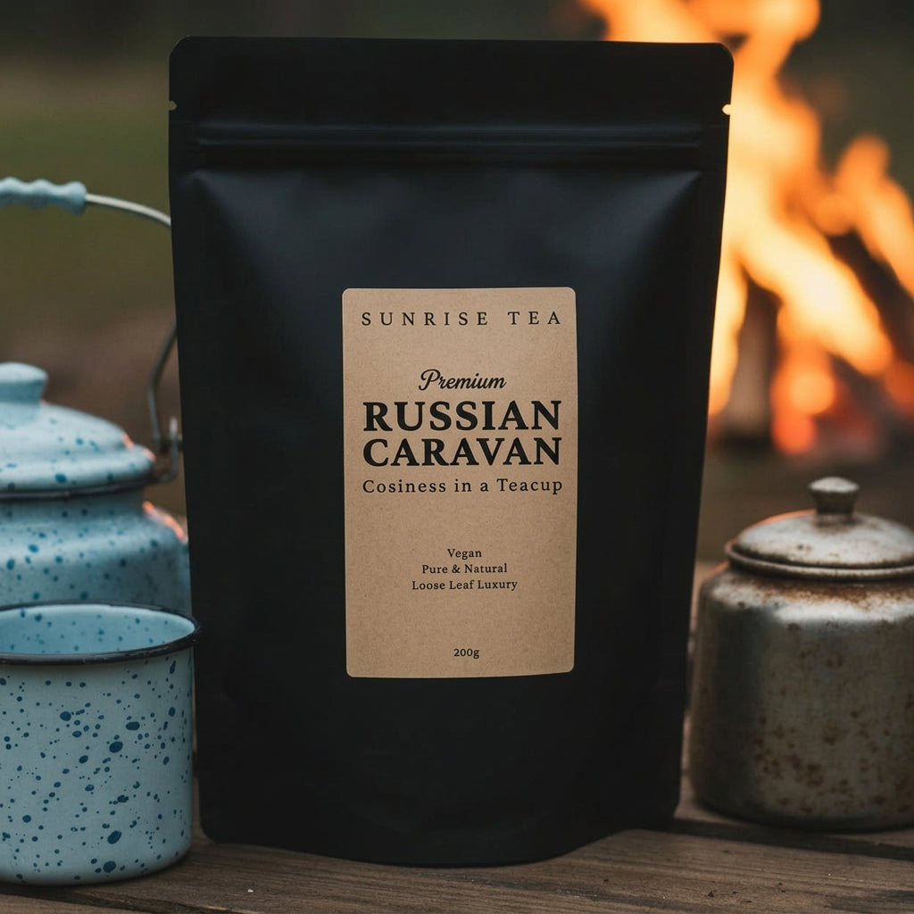 Black tea package labeled 'Russian Caravan' with a fireplace in the background