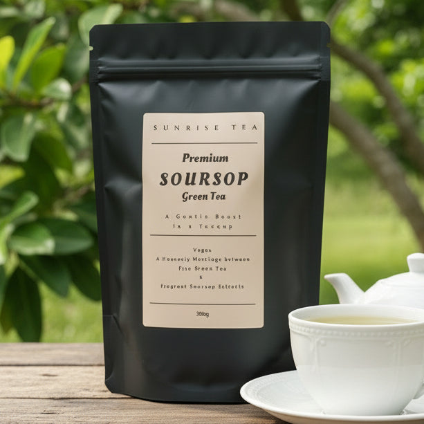 Black tea package with a label on a light gray background